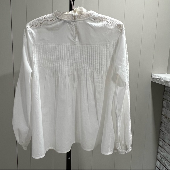 All Saints Elaia Bright White Eyelet Embroidered Semi Sheer Pleated Cotton Top 4 - Picture 3 of 5